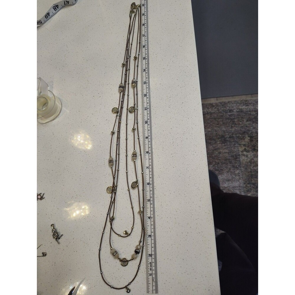 Premier Designs Brown Multi Strand Long Necklace Beads Rhinestones Charms